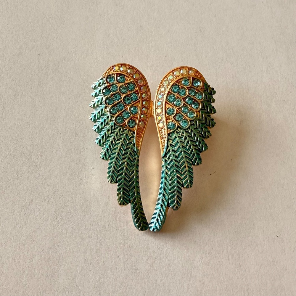 Gold Tone Angel Wing Brooch Teal Rhinestone AB Crystal Fashion Pin